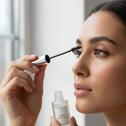 Applying Zynerae Black Castor Oil Lash Serum with spoolie brush to lash line
