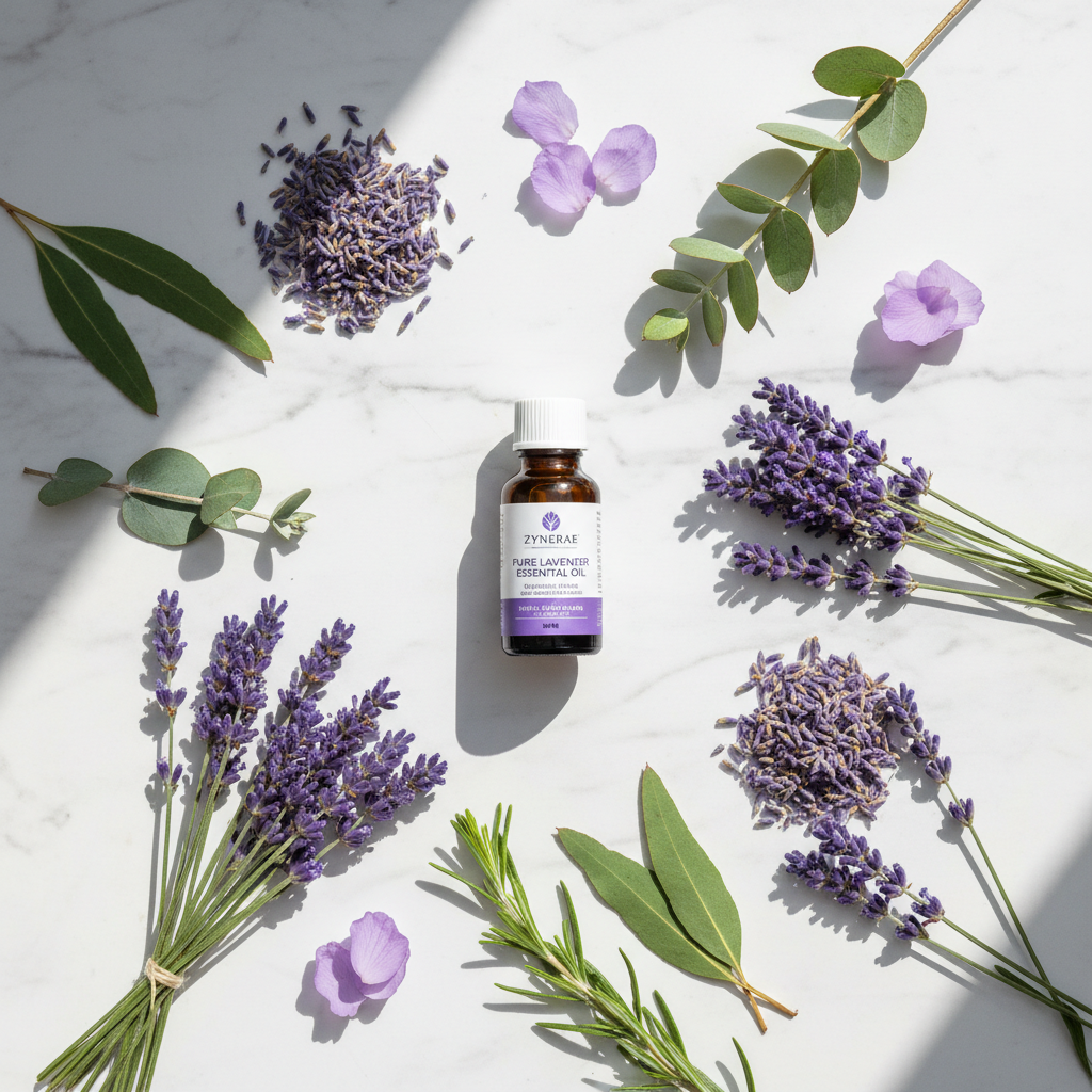 Zynerae Pure Lavender Essential Oil bottle flat lay on white marble with lavender sprigs and botanicals