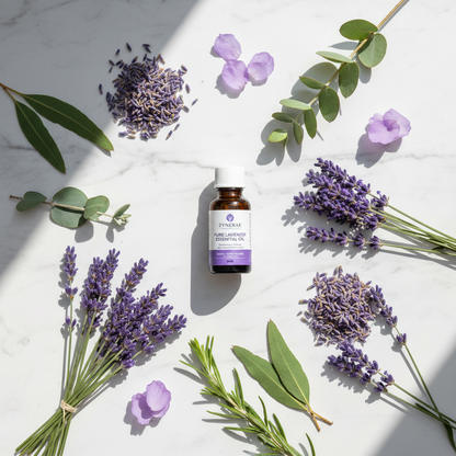 Zynerae Pure Lavender Essential Oil bottle flat lay on white marble with lavender sprigs and botanicals