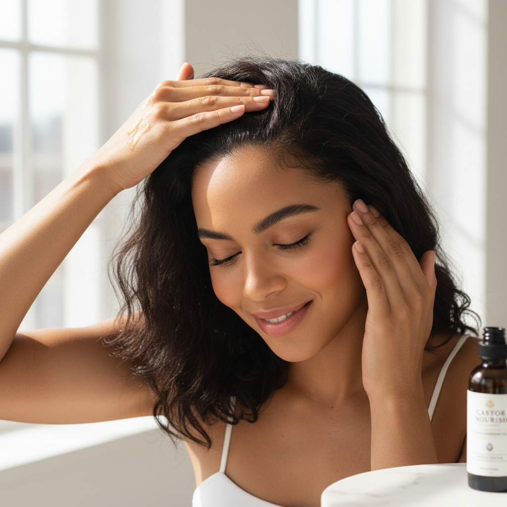 Woman massaging Zynerae Black Castor Oil into scalp showing healthy thick hair