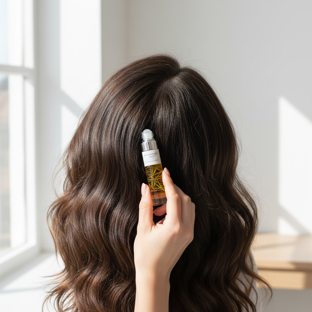 Applying Zynerae Rosemary Hair Growth Roller Serum to scalp