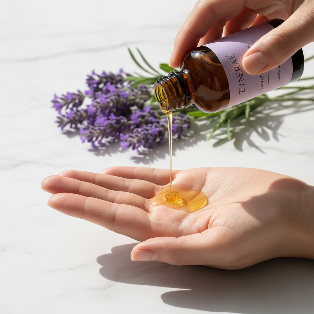 Zynerae Lavender Massage Oil being poured with lavender flowers in background