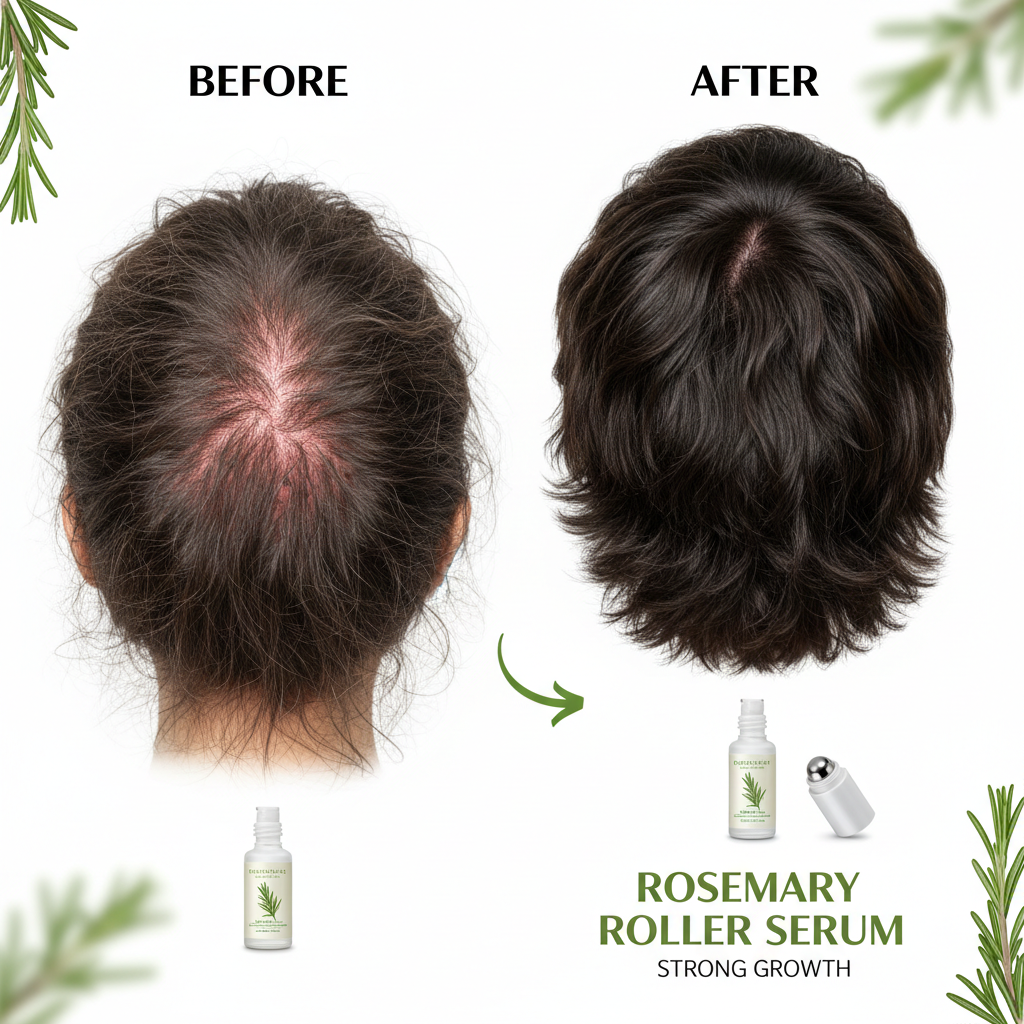 Before and after using Zynerae Rosemary Roller Serum showing improved hair growth and thickness