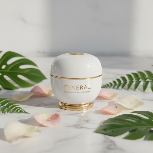 Zynerae Botox Anti-Aging Face Cream hero shot on marble with botanicals