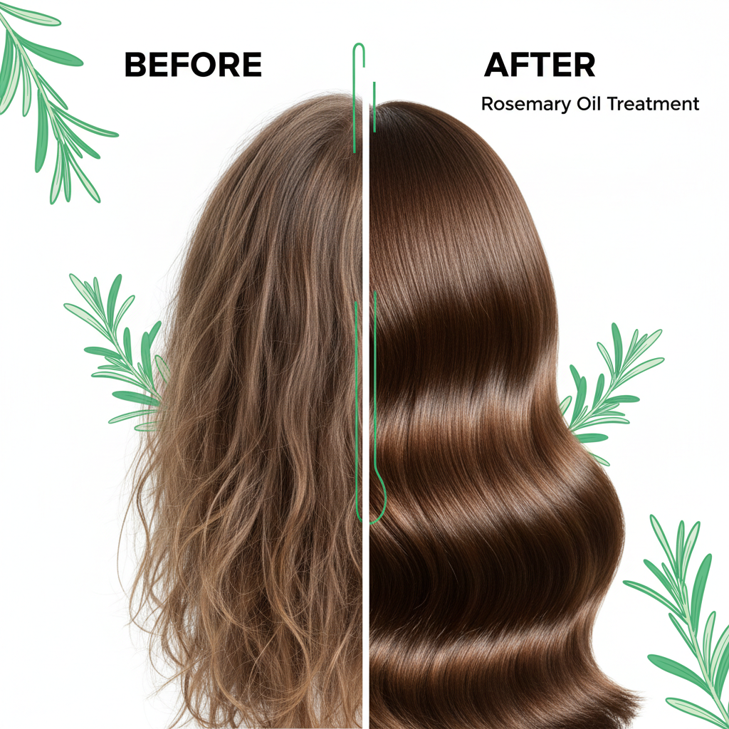 Before and after using Zynerae Rosemary Hair Oil showing thicker healthier hair