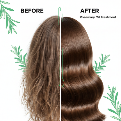 Before and after using Zynerae Rosemary Hair Oil showing thicker healthier hair