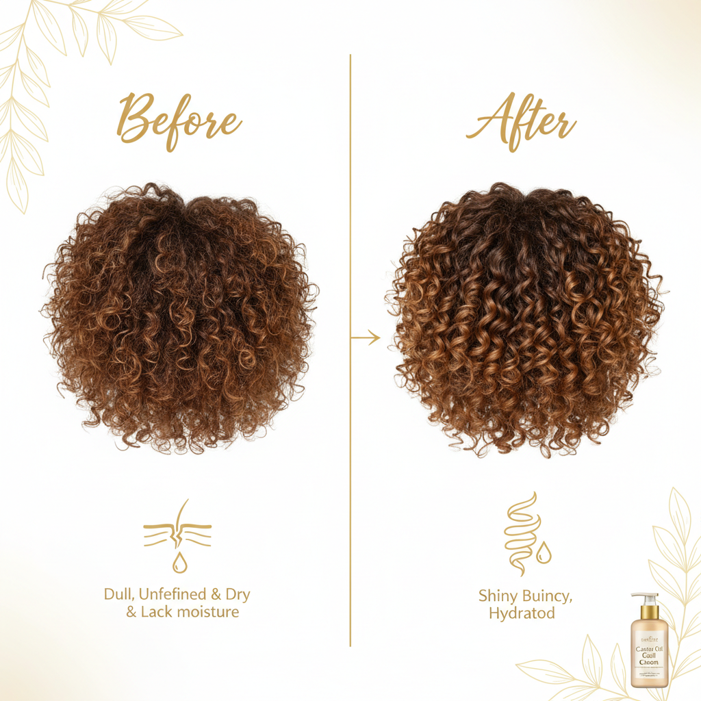 Before and after using Zynerae Curl Styling Cream showing defined frizz-free curls