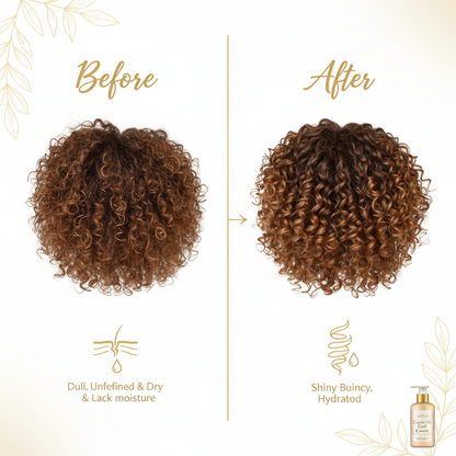 Before and after using Zynerae Curl Styling Cream showing defined frizz-free curls