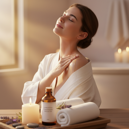 Woman massaging Expressions Lavender Oil into shoulders in a warm candlelit spa