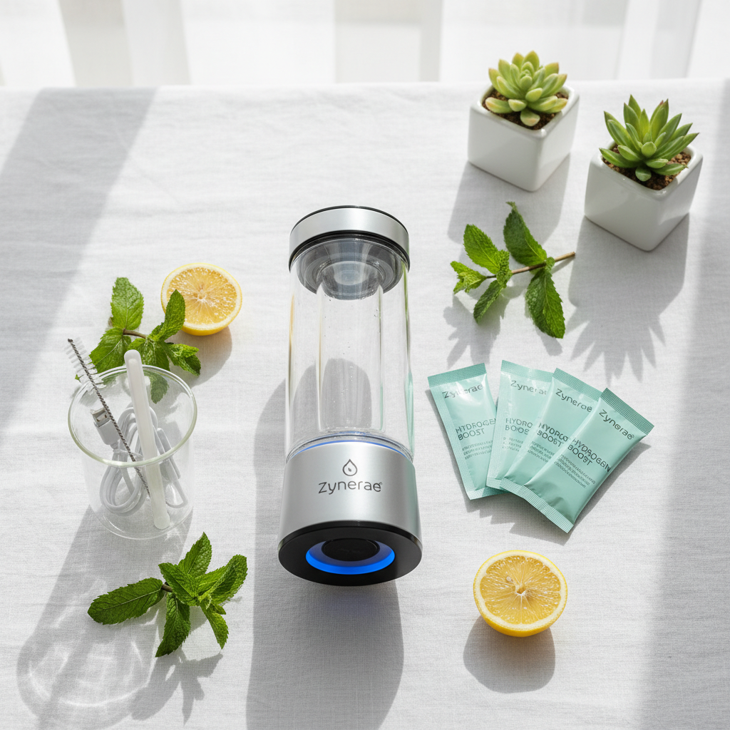 Zynerae Hydrogen-Rich Water Kit 3PC bundle flat lay on white linen with mint and lemon