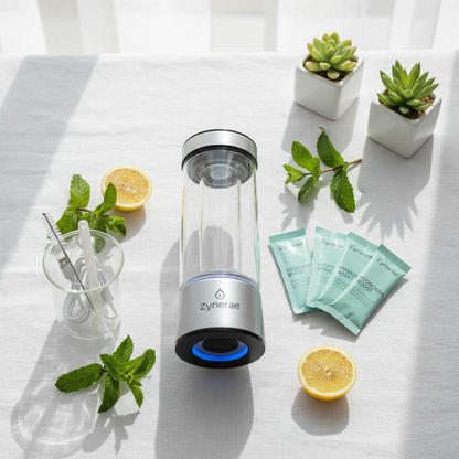 Zynerae Hydrogen-Rich Water Kit 3PC bundle flat lay on white linen with mint and lemon