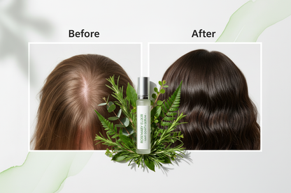 Before and after comparison showing thicker fuller hair after using Rosemary Hair Growth Roller Serum