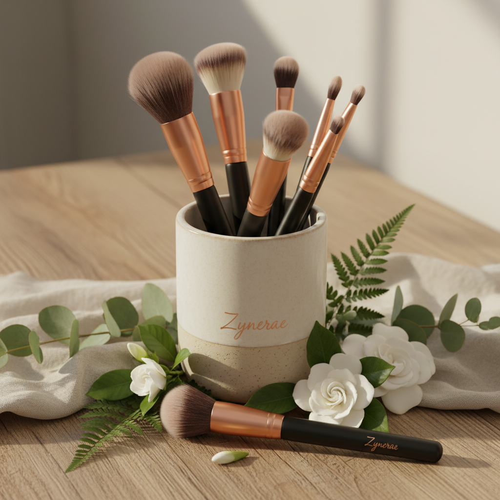 Zynerae Professional Makeup Brush Set in ceramic holder on vanity