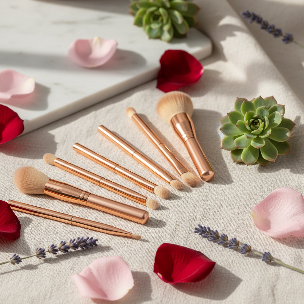 Zynerae Professional Makeup Brush Set close-up with rose petals and lavender
