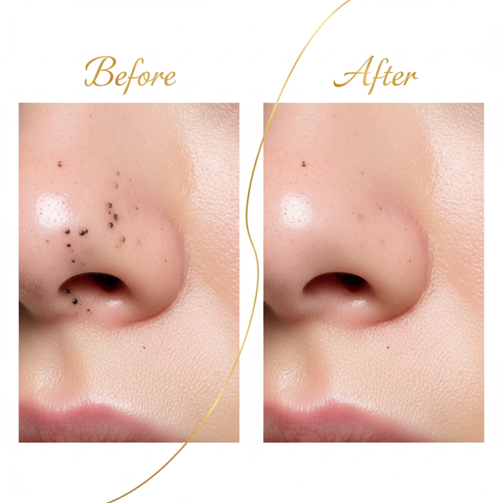 Before and after blackhead removal showing clear smooth pores
