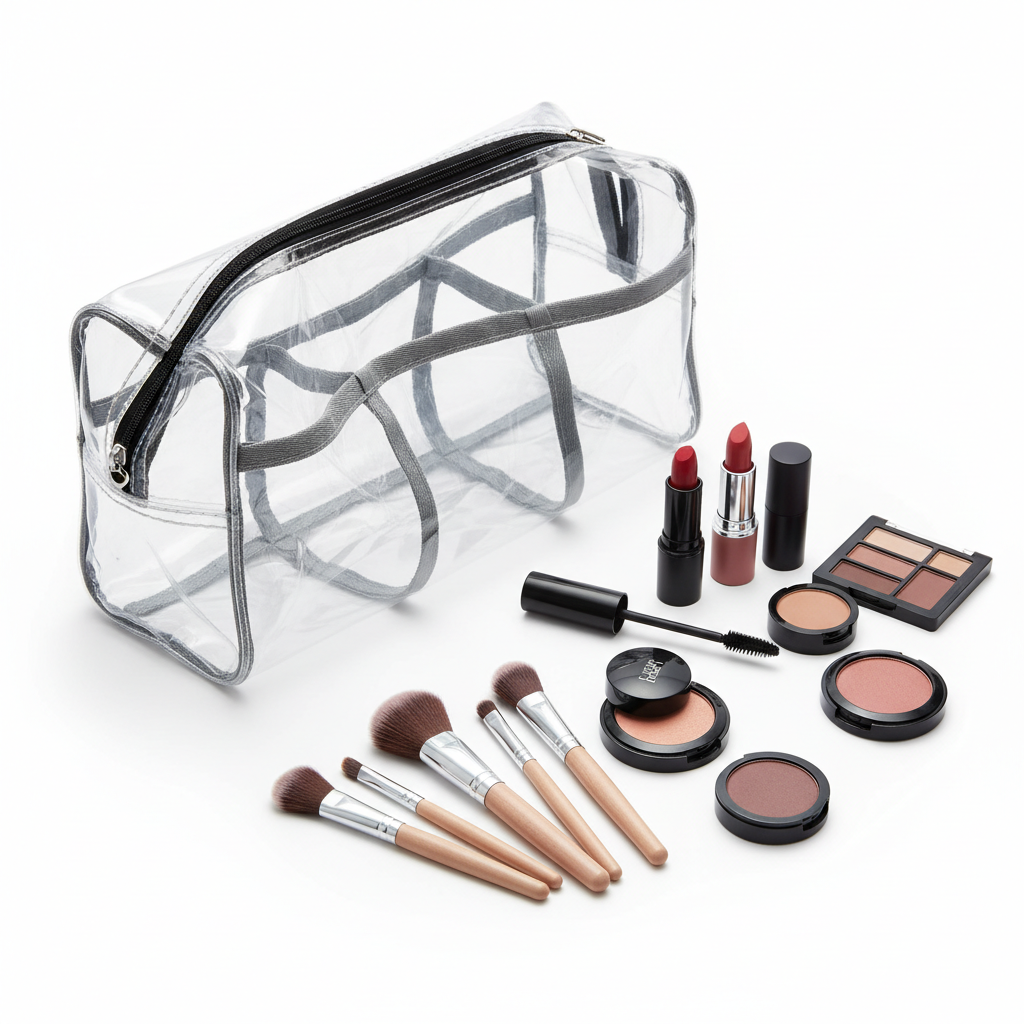 Zynerae Large Transparent Mesh Cosmetic Bag open view with makeup essentials