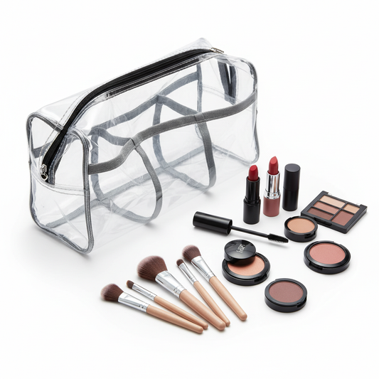 Zynerae Large Transparent Mesh Cosmetic Bag open view with makeup essentials