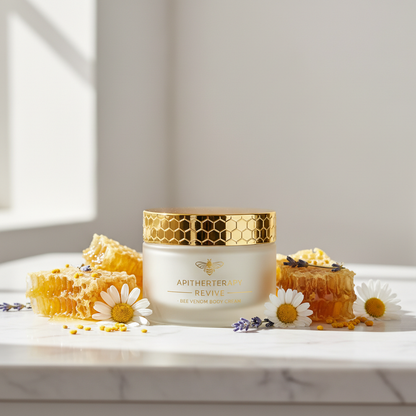 Zynerae Bee Venom Body Cream jar on marble surface with honeycomb props