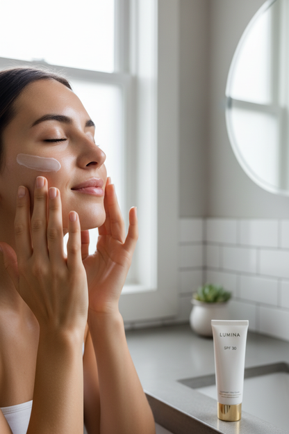 Woman applying Zynerae SPF 30 face cream for daily sun protection