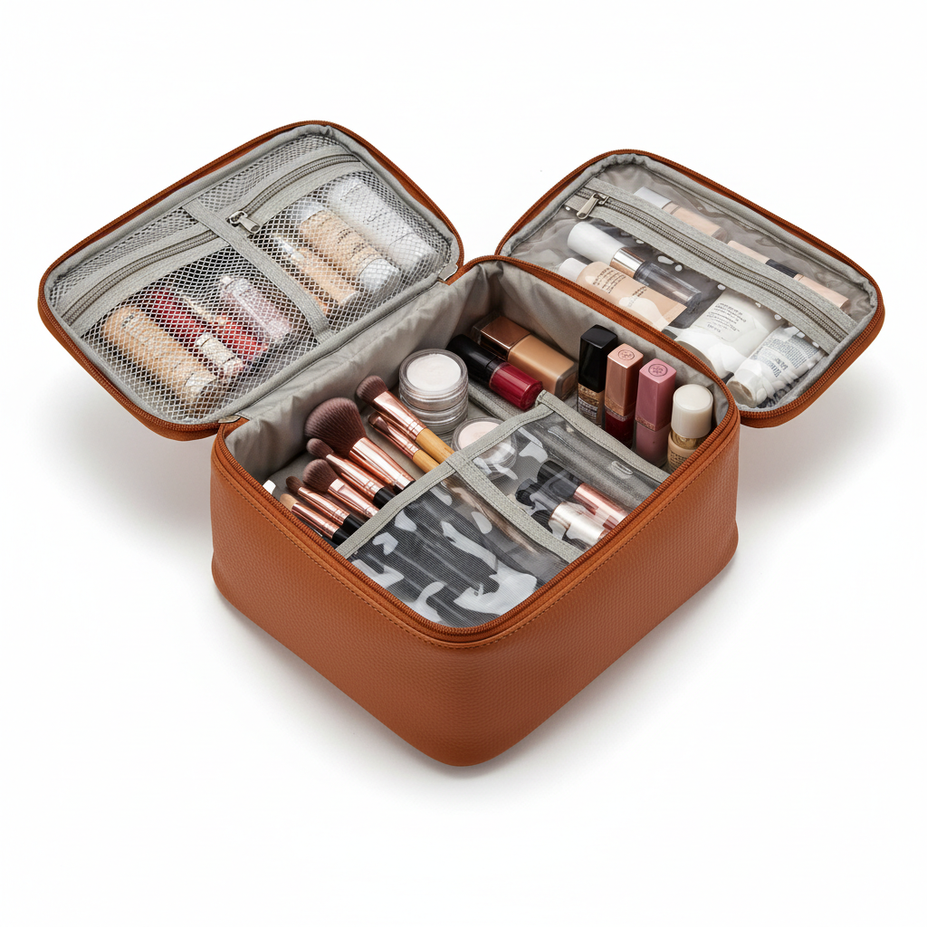 Zynerae Travel Makeup Bag open showing clear compartments with makeup essentials