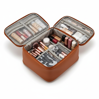 Zynerae Travel Makeup Bag open showing clear compartments with makeup essentials