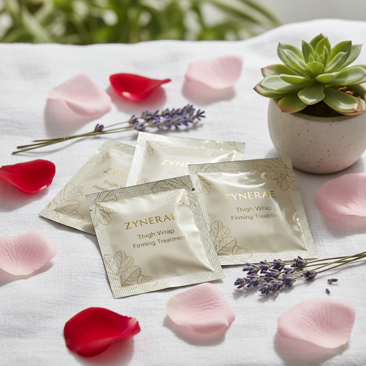 Zynerae 10PC Thigh Wraps close-up on white linen with rose petals and lavender
