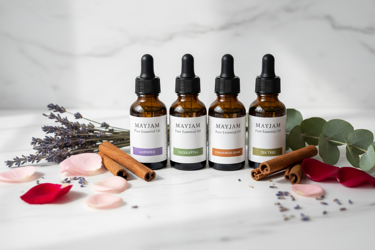 MAYJAM pure essential oils in amber glass bottles with botanicals
