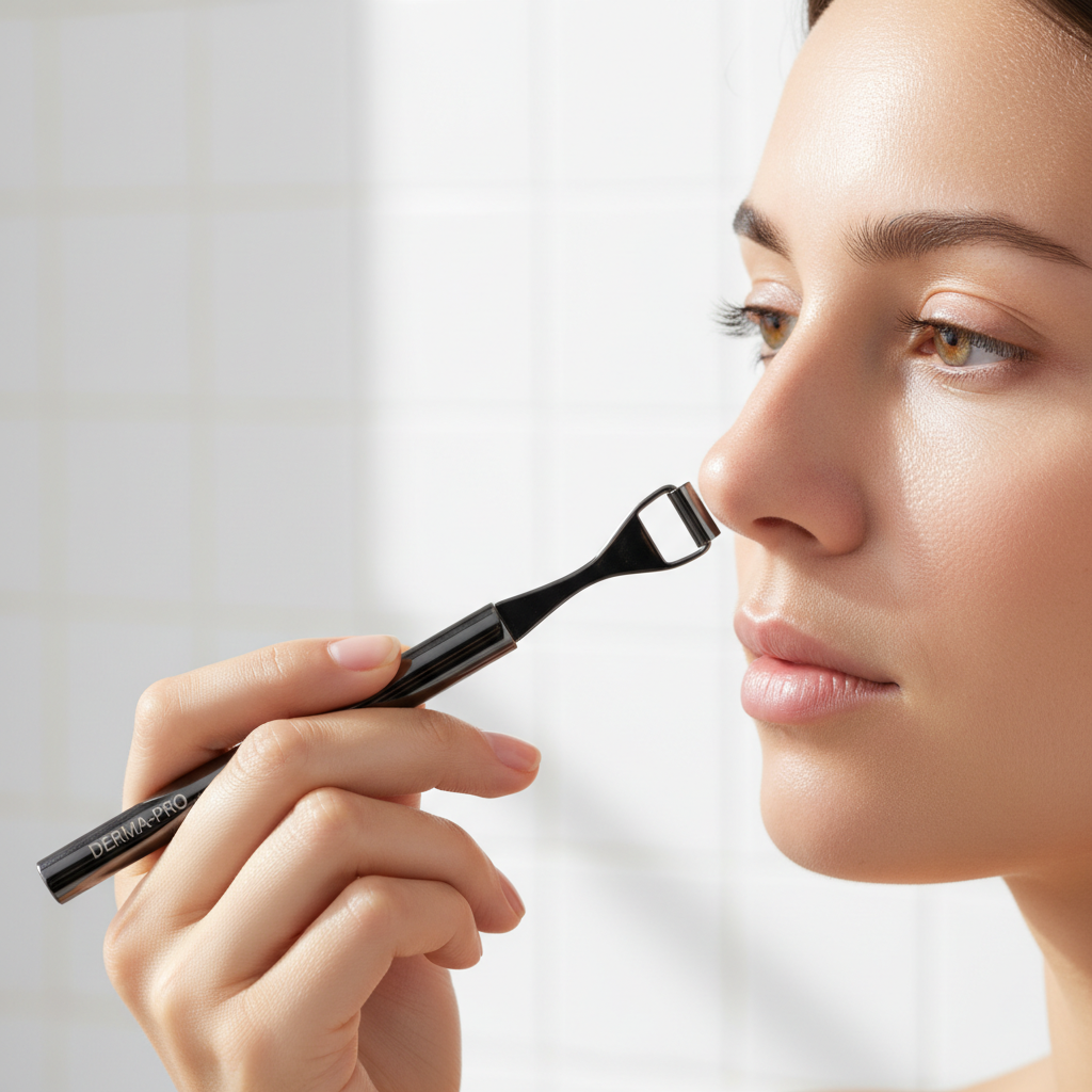 Using Zynerae Stainless Steel Blackhead Removal Tool on nose with precision