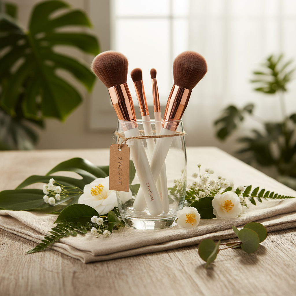 Zynerae 13PC Makeup Brush Set in glass vase with greenery