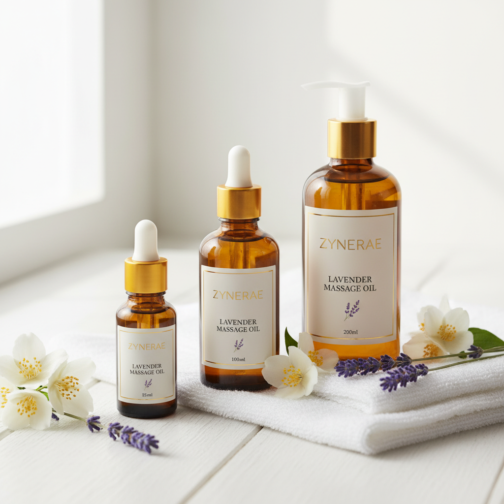 Zynerae Lavender Massage Oil three sizes 15ml 100ml 200ml on spa surface with lavender and linen