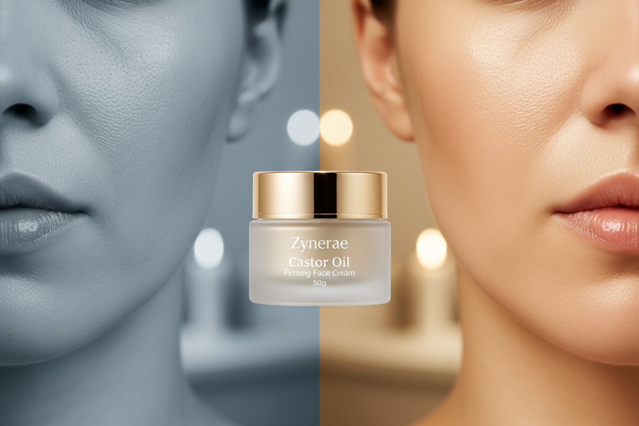 Castor Oil Firming Face Cream - skin comparison showing hydrated glowing results - Zynerae
