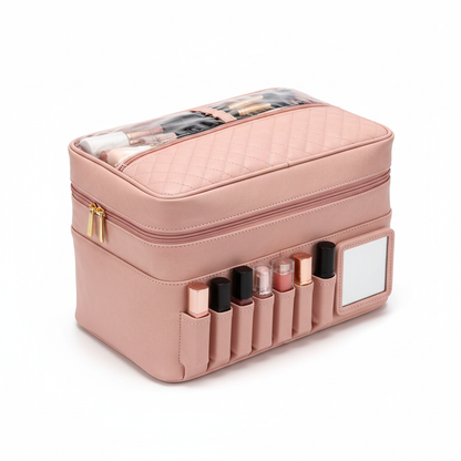 Zynerae Travel Makeup Bag faux leather closed pink hero shot