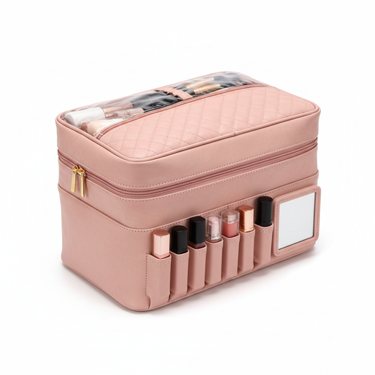 Zynerae Travel Makeup Bag faux leather closed pink hero shot