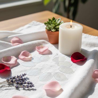 Zynerae Portable Body Care Patches close-up on white linen with rose petals and lavender