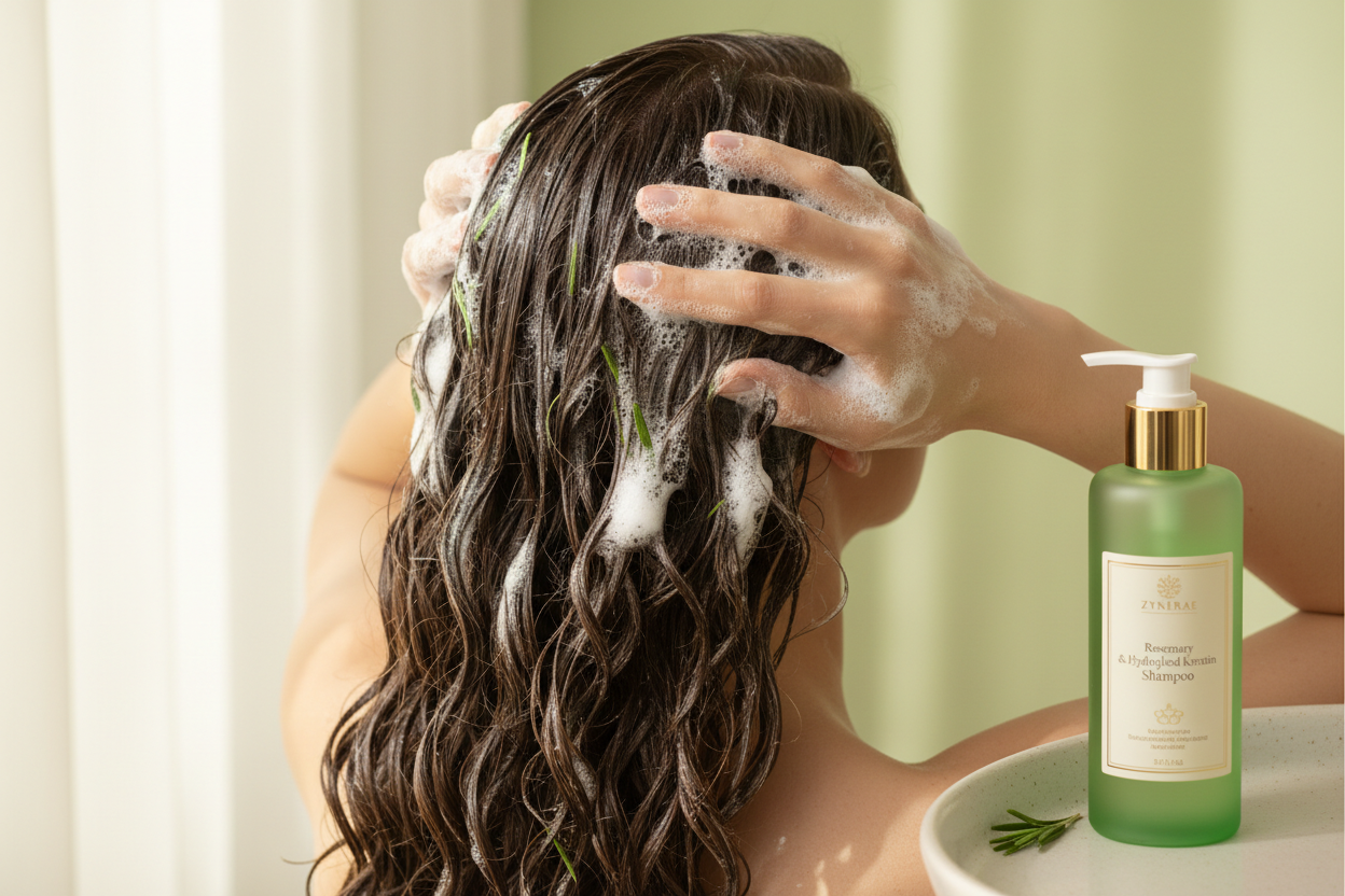 Massaging Rosemary & Hydrolyzed Keratin Shampoo into scalp - Zynerae