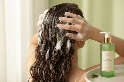 Massaging Rosemary & Hydrolyzed Keratin Shampoo into scalp - Zynerae