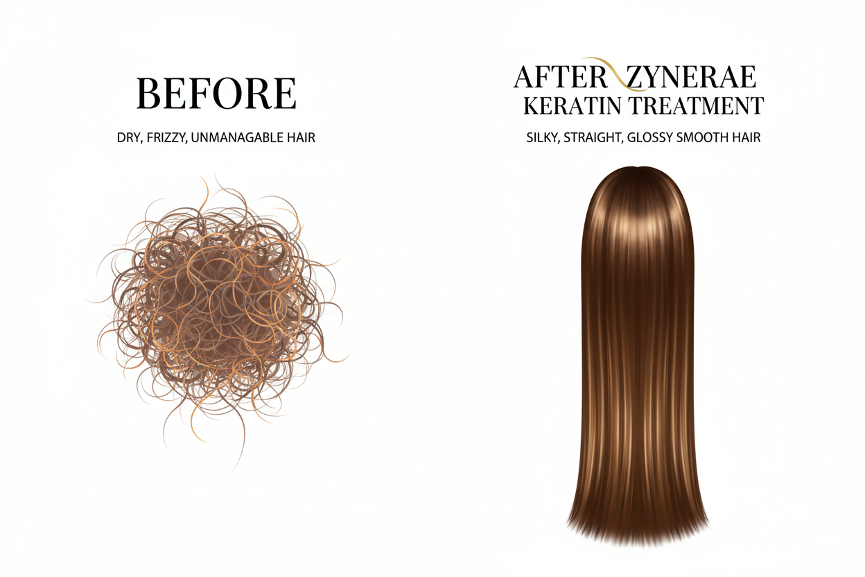 Before and after comparison showing frizzy vs silky smooth hair with Zynerae Keratin Treatment