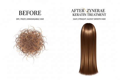 Before and after comparison showing frizzy vs silky smooth hair with Zynerae Keratin Treatment