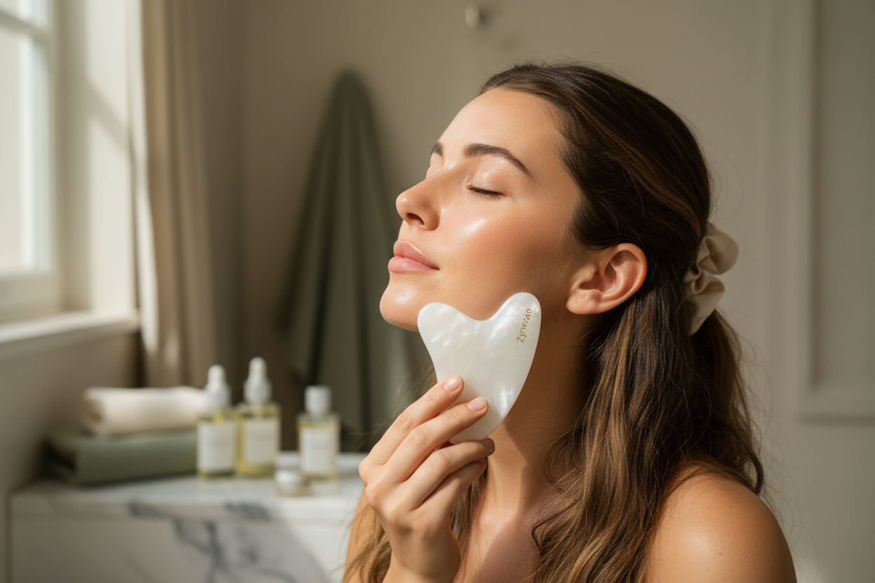 Using jade gua sha board along jawline - Zynerae