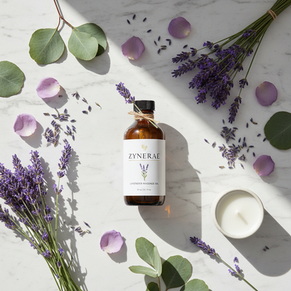 Zynerae Lavender Massage Oil bottle flat lay on white marble with lavender sprigs and botanicals