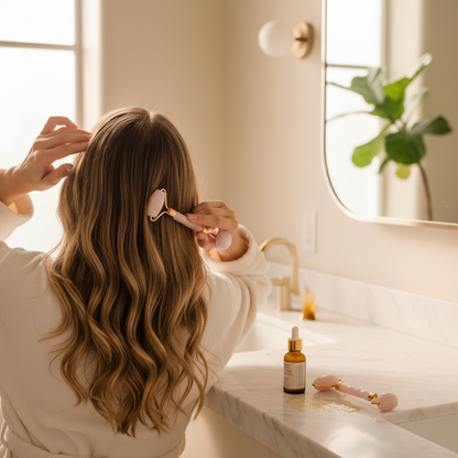 Woman using rose quartz roller to massage castor oil serum into scalp