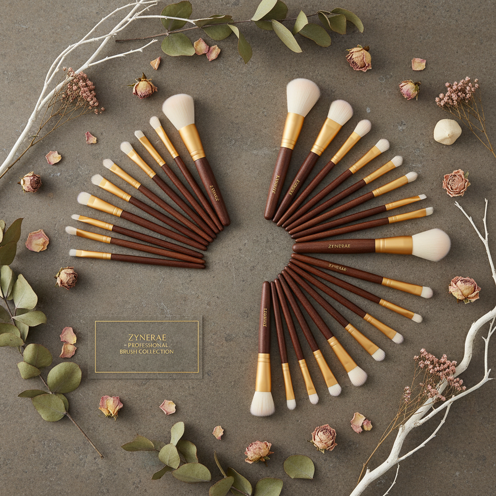 Zynerae Professional Makeup Brush Set flat lay on stone with botanicals