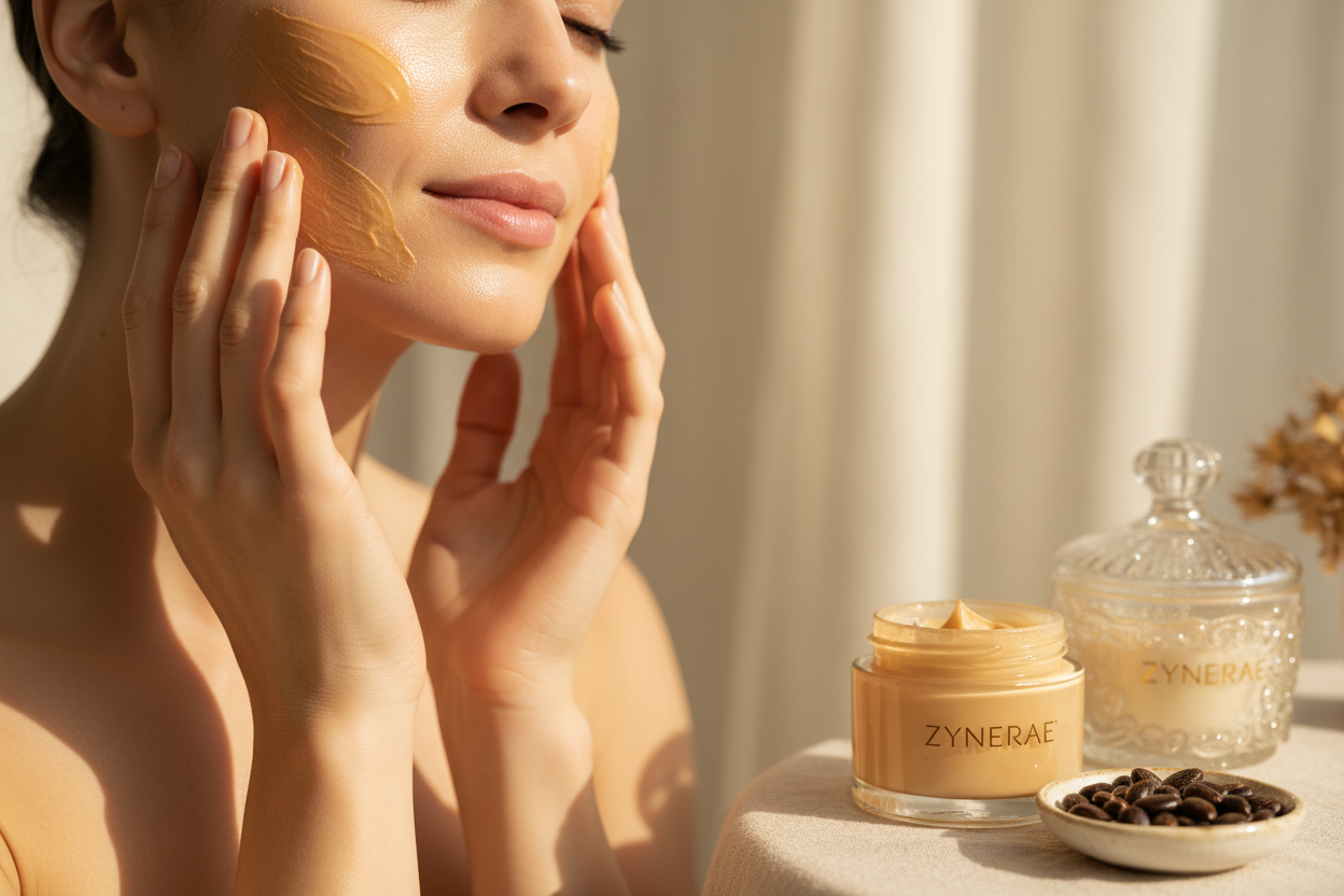 Massaging Castor Oil Firming Face Cream into face and neck - Zynerae