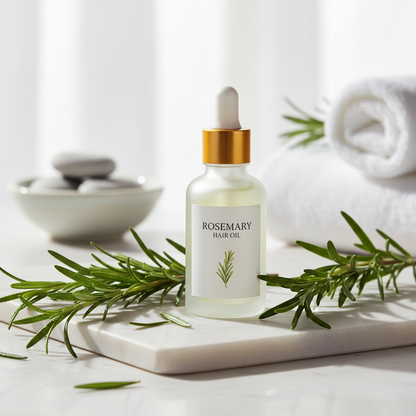 Rosemary Hair Oil hero shot on white marble