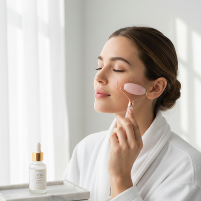 Woman using Zynerae Rose Quartz Roller with Castor Oil Serum on face