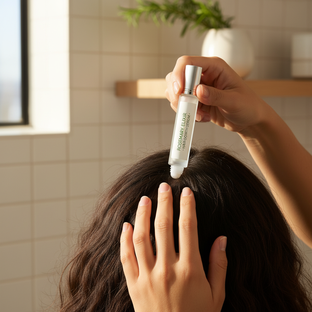 Woman applying Rosemary Hair Growth Roller Serum directly to scalp
