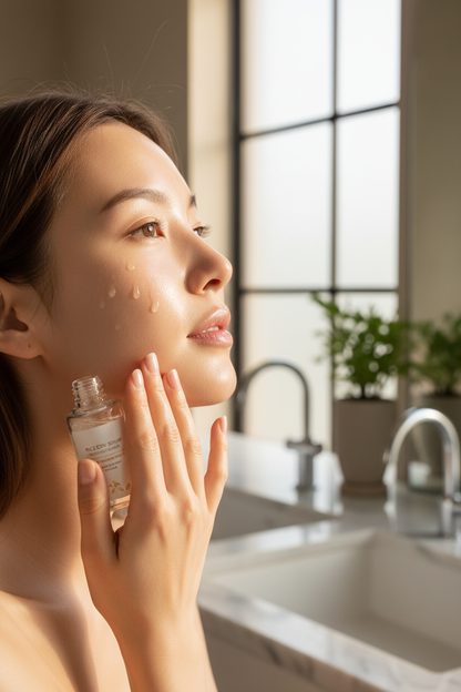 Woman applying rice ampoule serum for glowing radiant skin