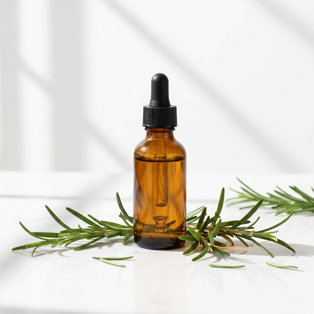 Zynerae Rosemary Hair Oil hero product shot with rosemary sprigs