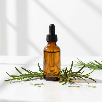 Zynerae Rosemary Hair Oil hero product shot with rosemary sprigs