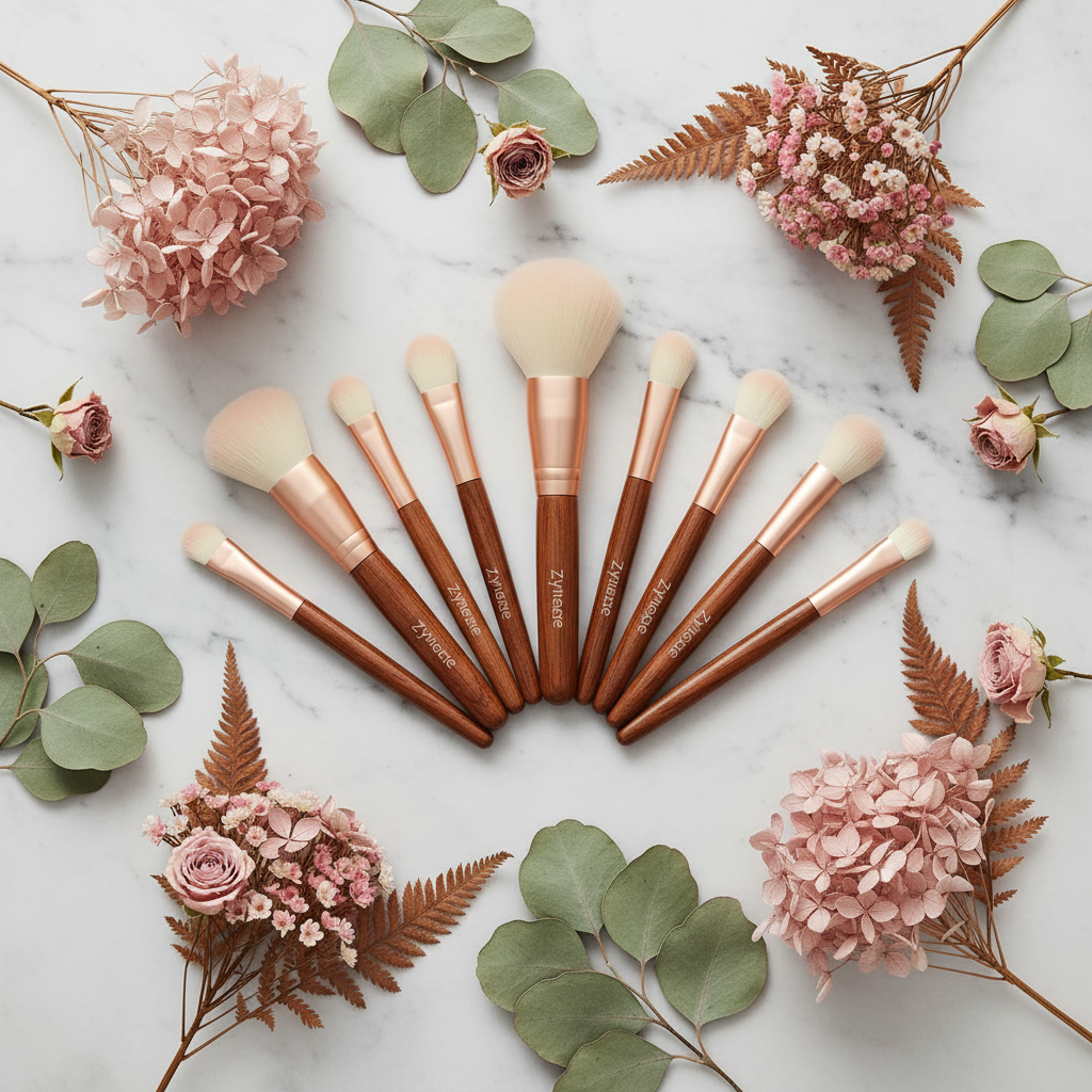 Zynerae 10-Piece Makeup Brush Set flat lay on white marble with botanicals